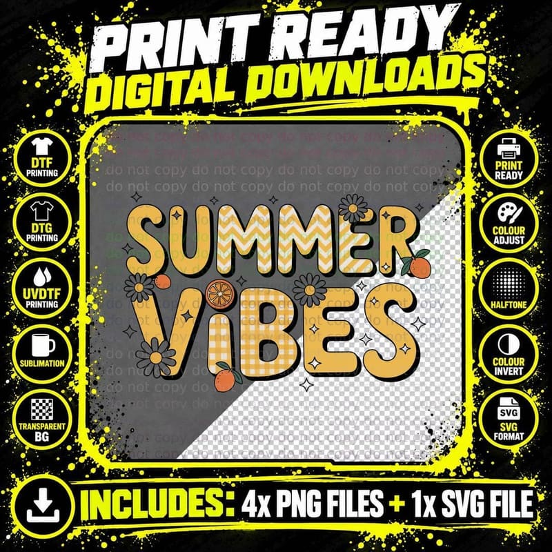 Summer Vibes Summer T-Shirt, Patterned Letters Lemons Png SVG Digital Bundle