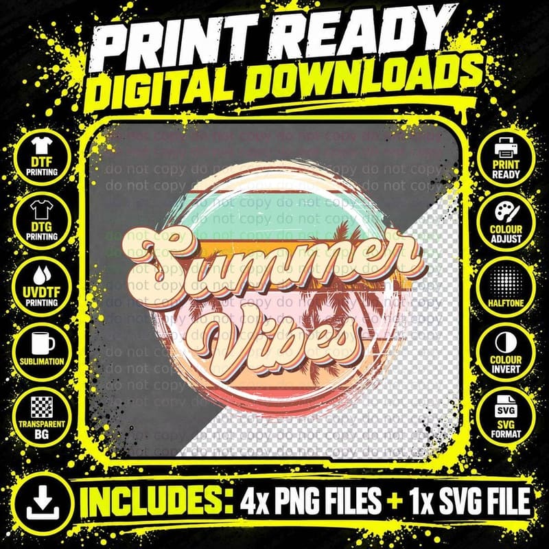 Summer Vibes Summer T-Shirt, Rainbow Circle Palm Trees Png SVG Digital Bundle