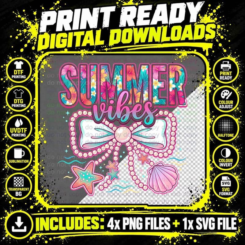 Summer Vibes Summer T-Shirt, Starfish with Pearls Bow Png SVG Digital Bundle