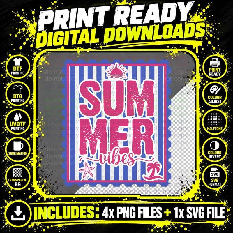 Summer Vibes Summer T-Shirt, Striped Banner Design with Png SVG Digital Bundle