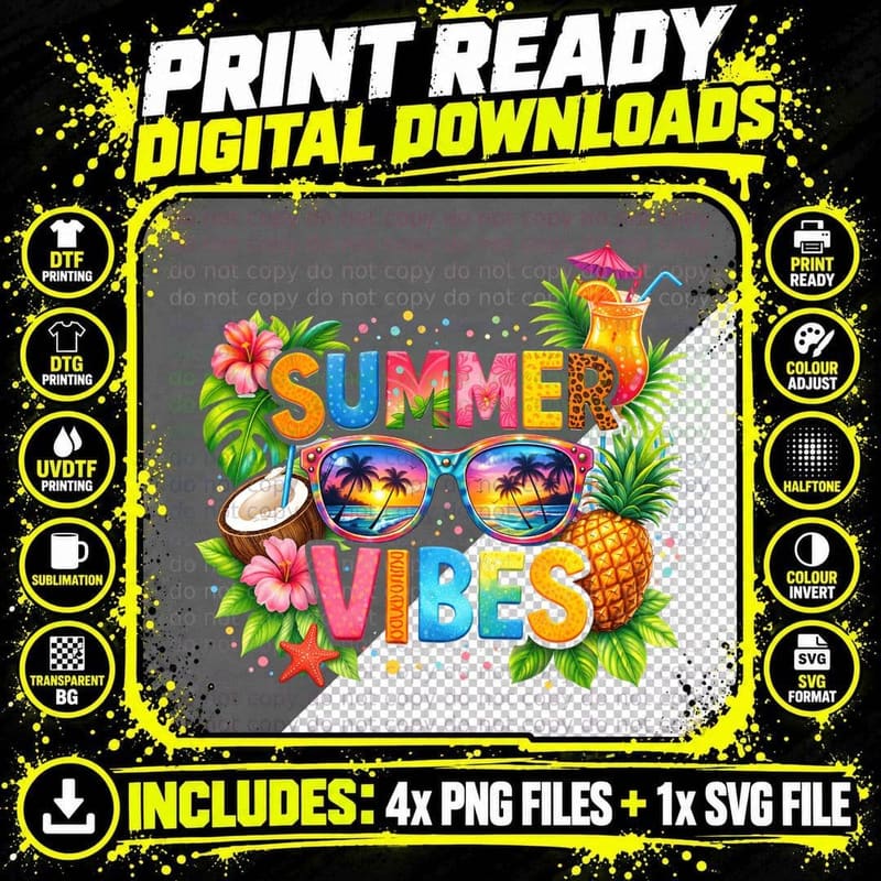 Summer Vibes Summer T-Shirt, Sunglasses Hibiscus Flowers Png SVG Digital Bundle