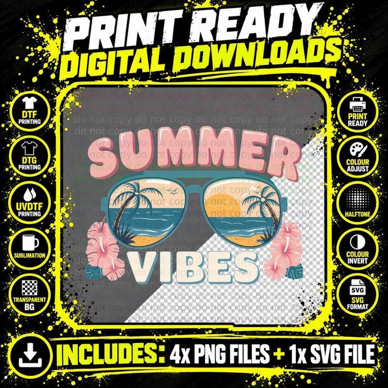 Summer Vibes Summer T-Shirt, Sunglasses with Beach Png SVG Digital Bundle
