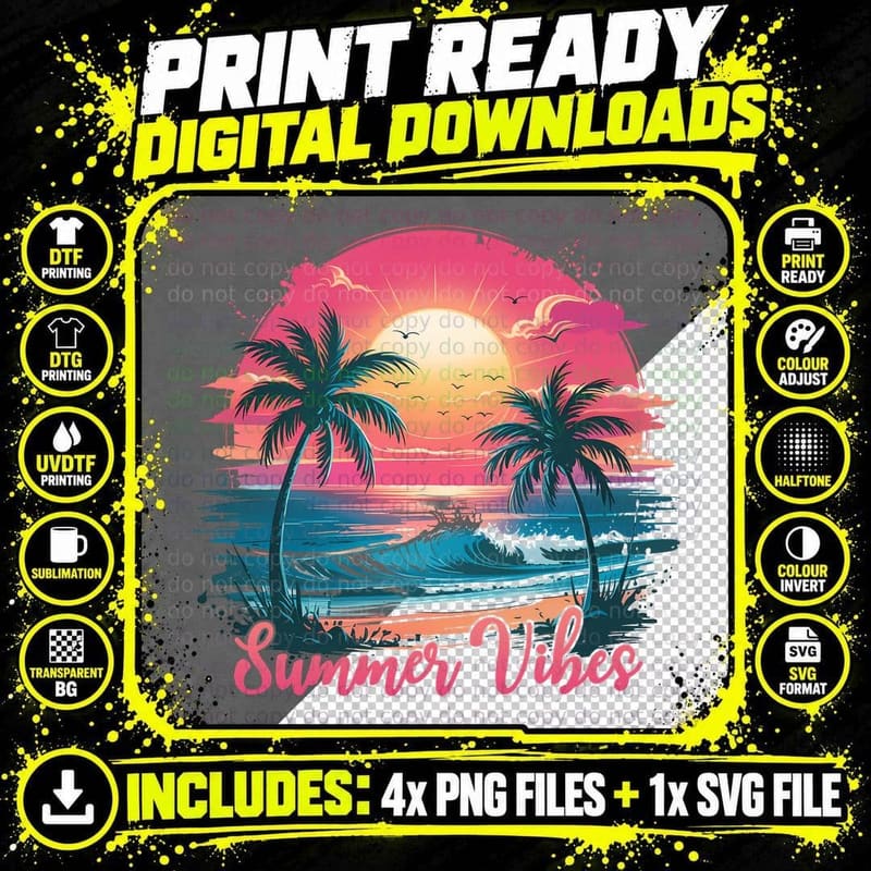 Summer Vibes Summer T-Shirt, Sunset Ocean Palm Trees Png SVG Digital Bundle