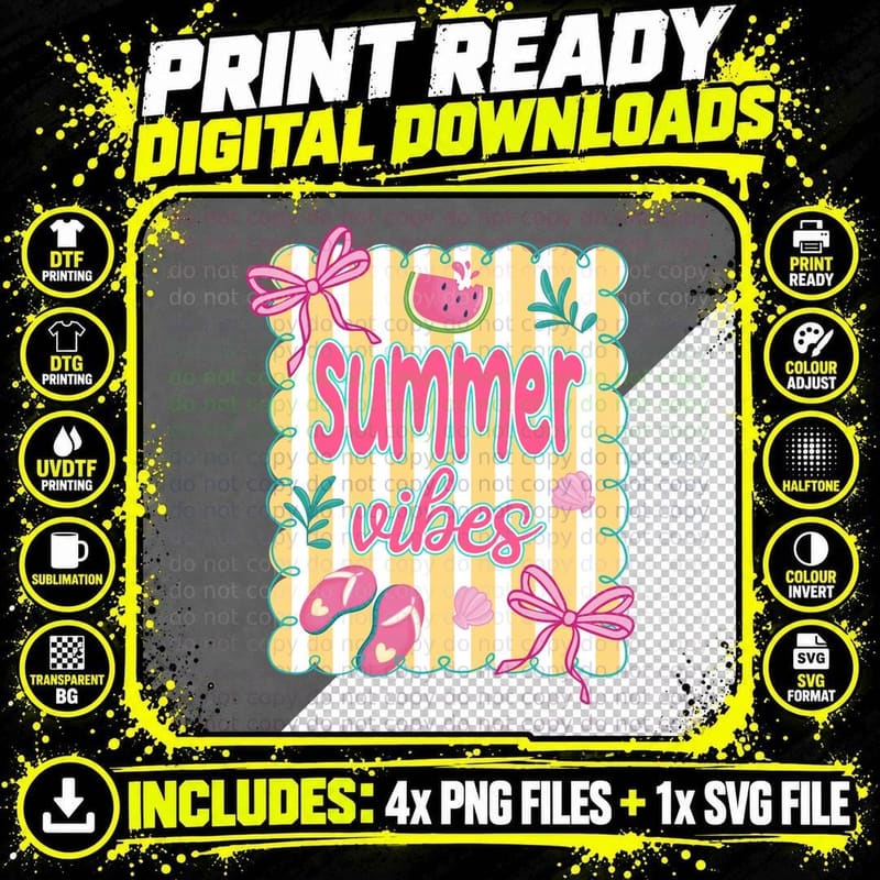 Summer Vibes Summer T-Shirt, Watermelon Starfish Shells Png SVG Digital Bundle