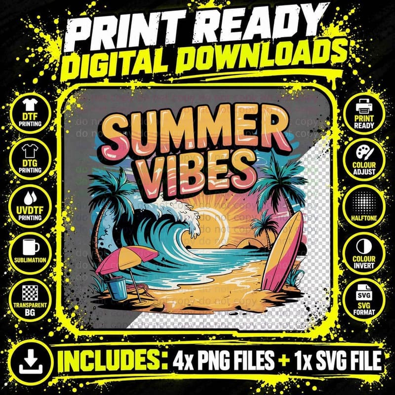 Summer Vibes Summer T-Shirt, Wave Sunset Beach Scene Png SVG Digital Bundle