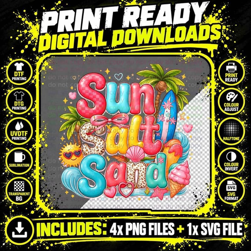 Sun Salt Sunset Summer T-Shirt, Colorful Beach Text Png SVG Digital Bundle