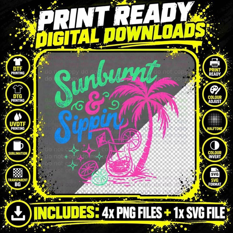Sunburnt & Sippin' Summer T-Shirt, Neon Palm Tree Png SVG Digital Bundle