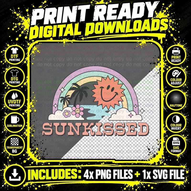 Sunkissed Summer T-Shirt, Sunkissed Rainbow Smiley Sunny Png SVG Digital Bundle