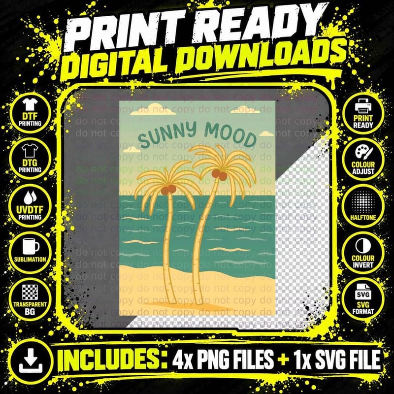 Sunny Mood Summer T-Shirt, Palm Trees Ocean Sunset Scene Png SVG Digital Bundle