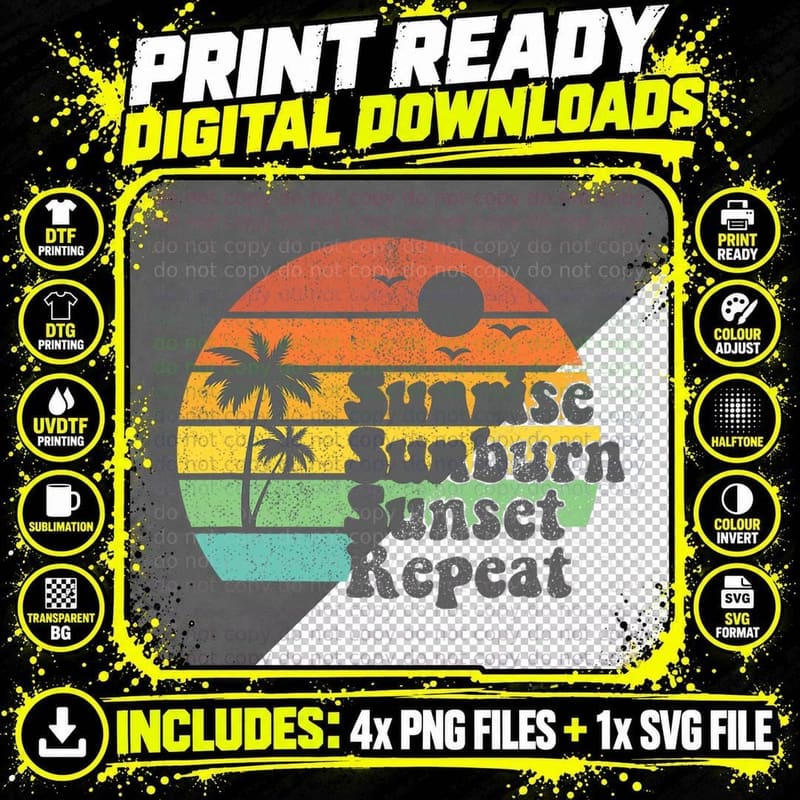 Sunrise Sunburn Sunset Repeat Vacation Summer Gift for Png SVG Digital Bundle