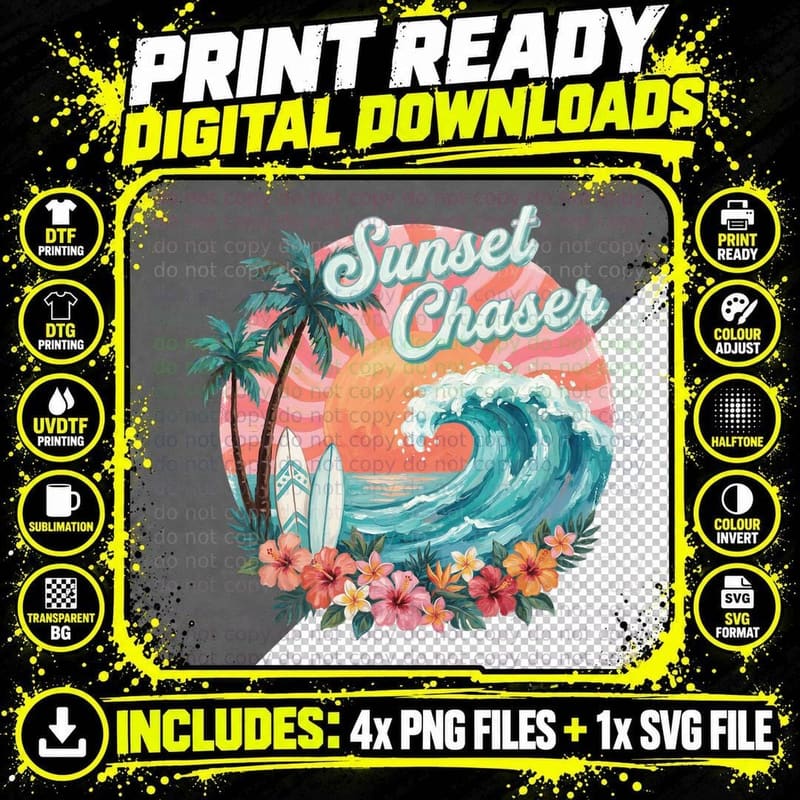 Sunset Chaser Summer T-Shirt, Sunset Wave Surfboard Png SVG Digital Bundle