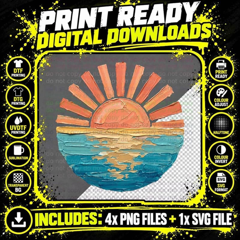 Sunset Ocean Layered Textured Paint Summer T-Shirt Png SVG Digital Bundle