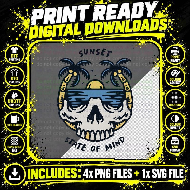 Sunset State of Mind of Tropical Skull T-Shirt Png SVG Digital Bundle