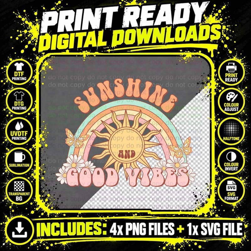 Sunshine and Good Vibes Summer T-Shirt Png SVG Digital Bundle