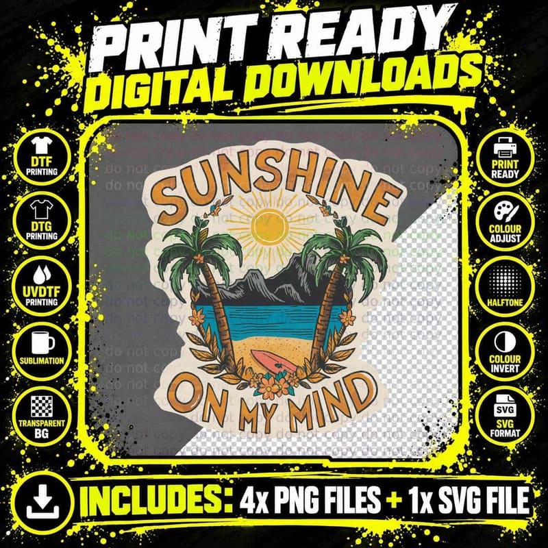 Sunshine on My Mind Summer T-Shirt Png SVG Digital Bundle