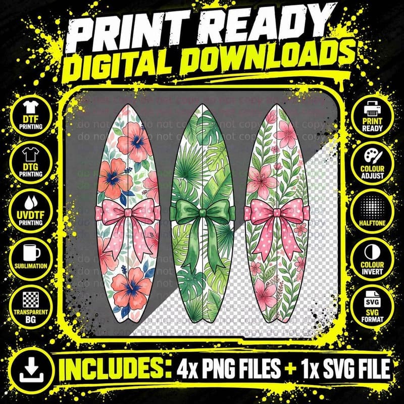 Surfboards with Ribbons and Flowers Summer T-Shirt Png SVG Digital Bundle