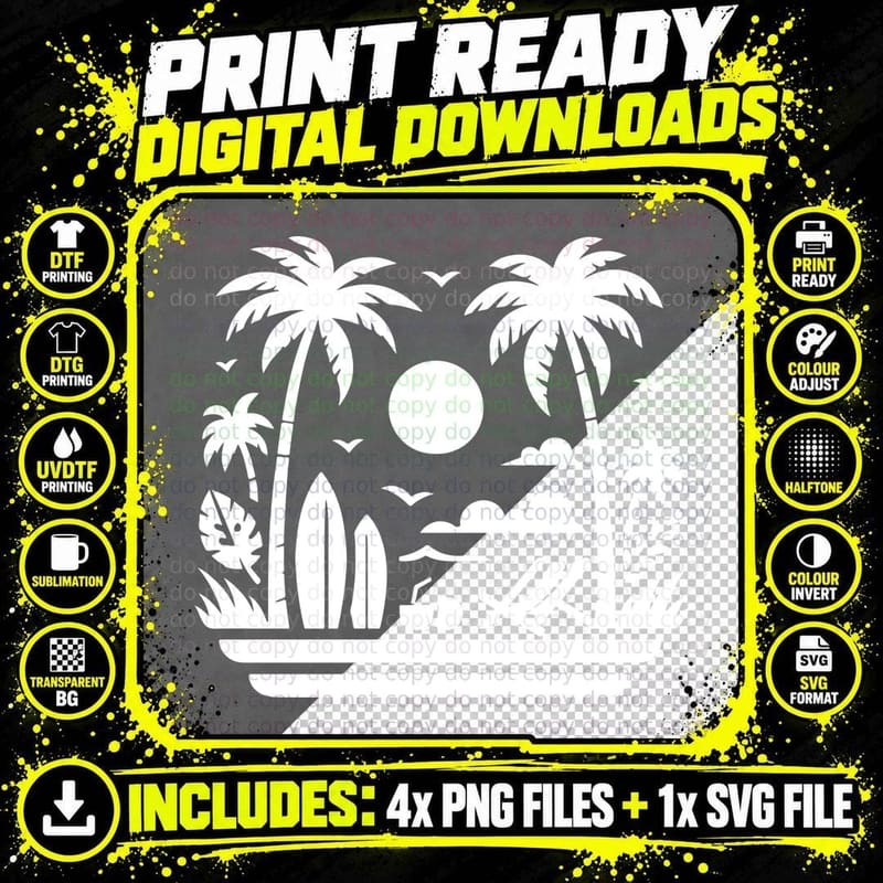 Surfer Silhouette Palm Frame Summer T-Shirt Png SVG Digital Bundle