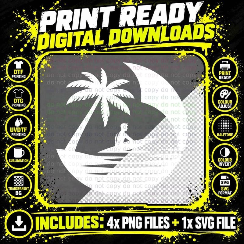Surfer Silhouette Wave Palm Summer T-Shirt Png SVG Digital Bundle