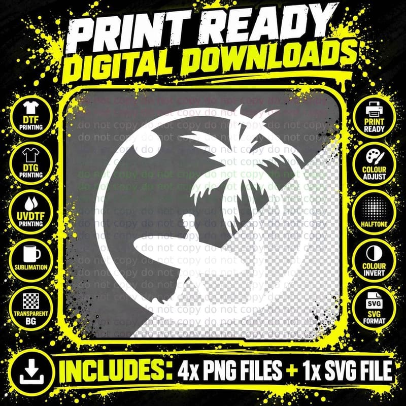Surfer Under Palm Tree Landscape T-Shirt Png SVG Digital Bundle