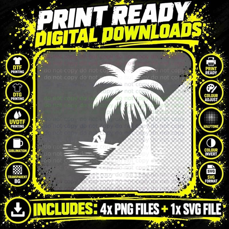 Surfer with Single Palm Tree Summer T-Shirt Png SVG Digital Bundle