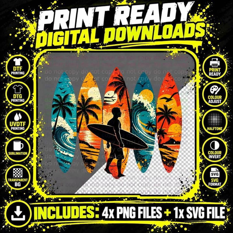 Surfer with Surfboards Sunset Scene Summer T-Shirt Png SVG Digital Bundle