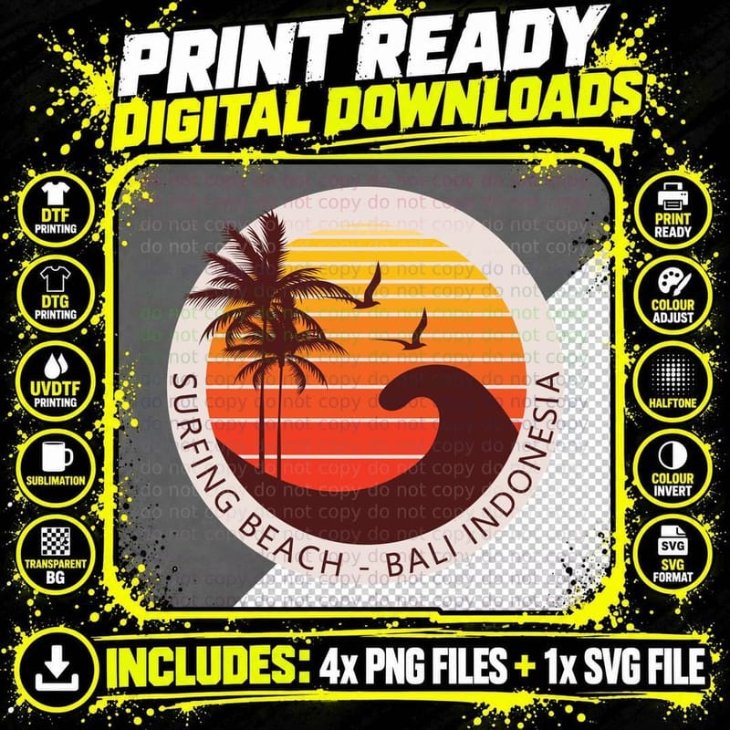 Surfing Bali Beach Indonesia Wave Design T-Shirt Png SVG Digital Bundle