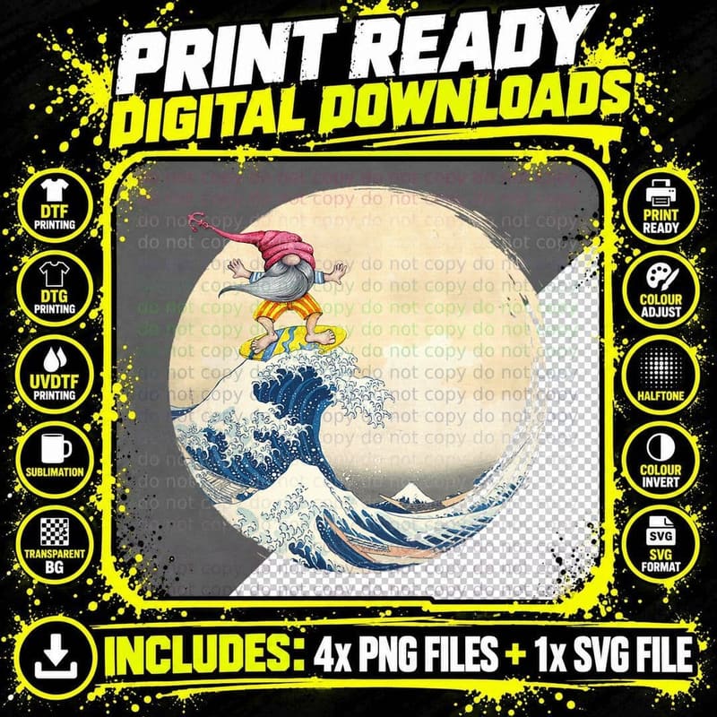 Surfing Gnome Riding, Great Wave off Kanagawa - Gnome Png SVG Digital Bundle