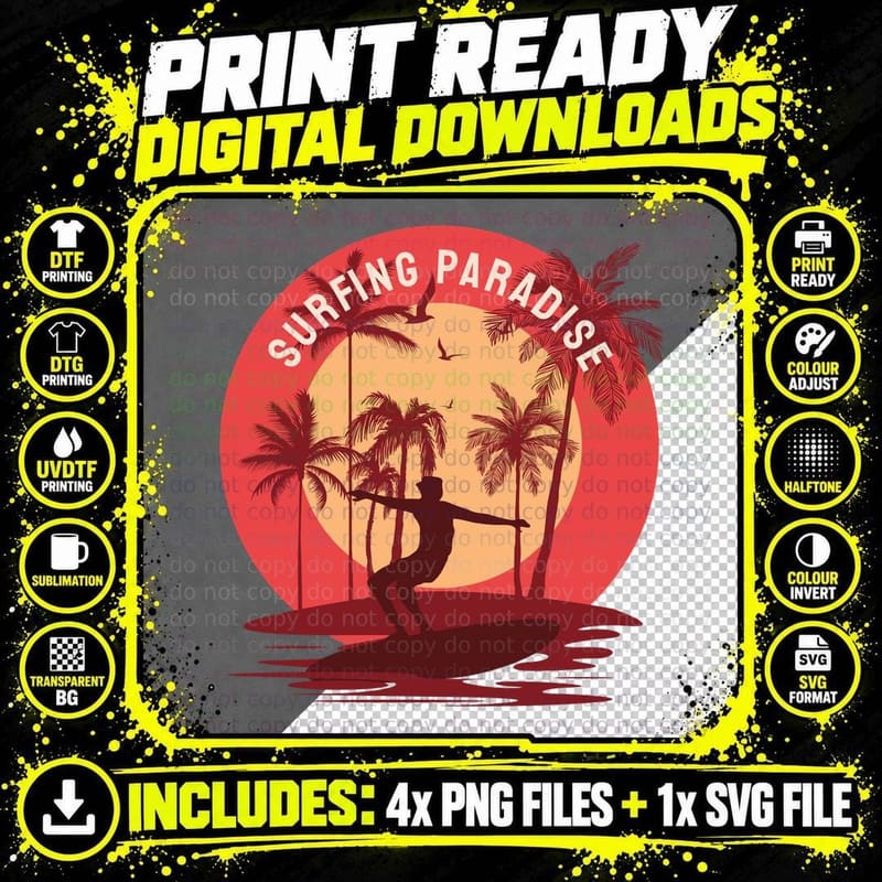 Surfing Paradise Sunset Silhouette Design T-Shirt Png SVG Digital Bundle