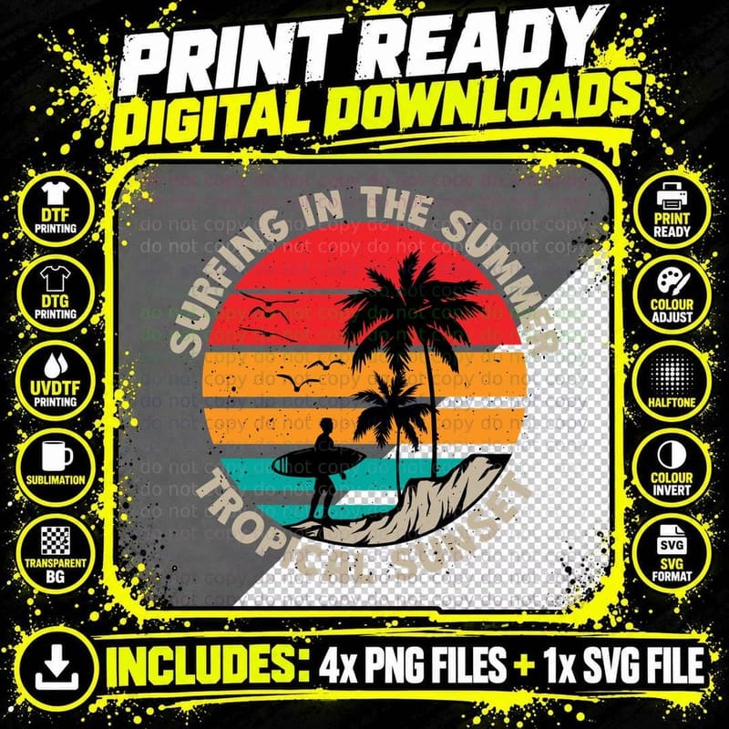 Surfing Summer Scene in the Tropical Sunset Circular Png SVG Digital Bundle