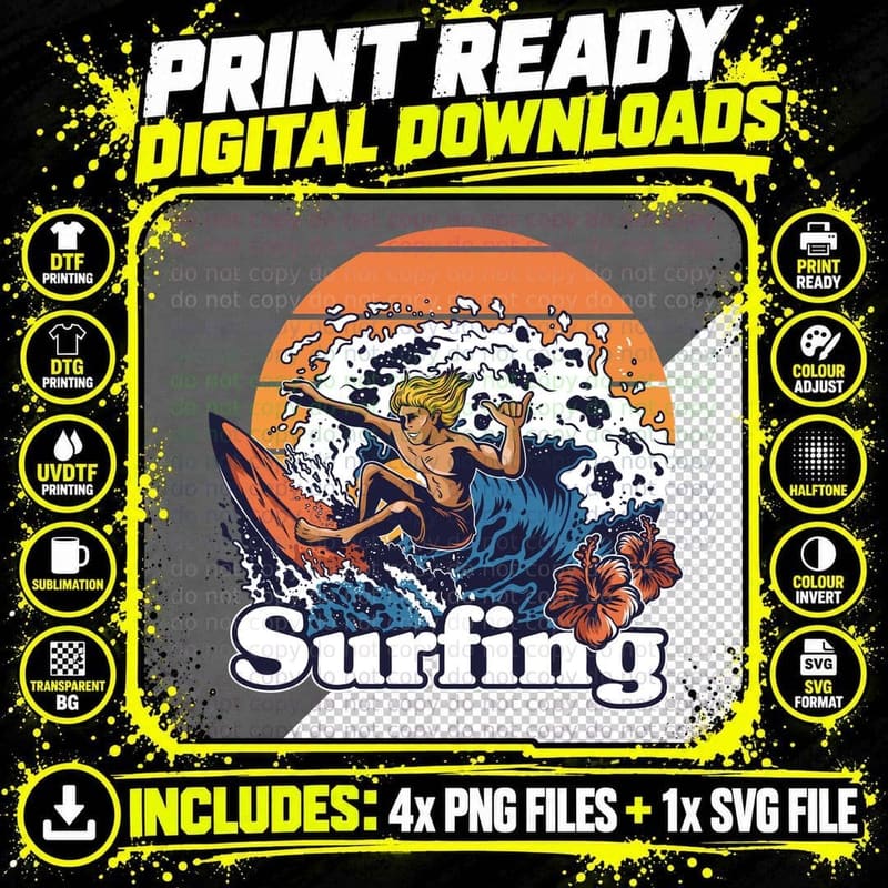 Surfing Woman Orange Sunset Surfer Wave Hibiscus Png SVG Digital Bundle