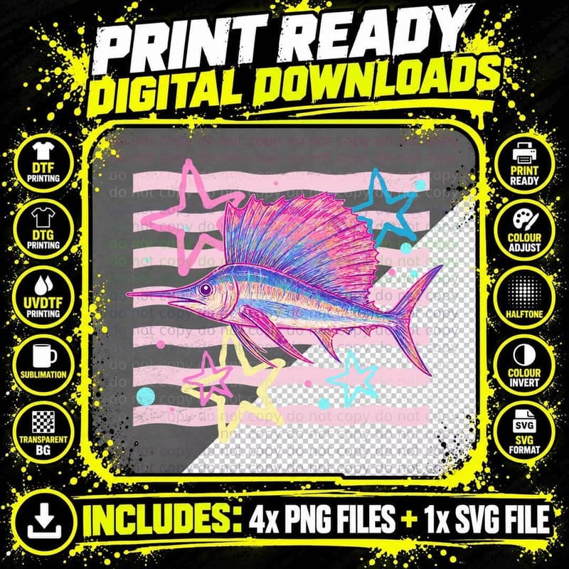 Swordfish Striped Ocean Scene Summer T-Shirt Png SVG Digital Bundle
