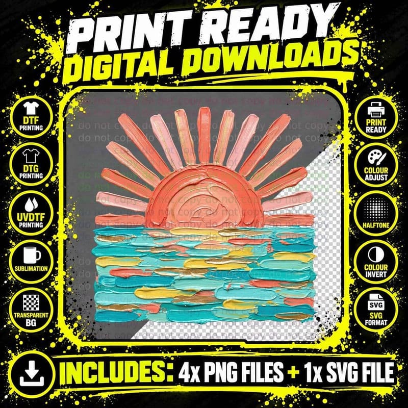 Textured Sunset Over Water Ocean Summer T-Shirt Png SVG Digital Bundle