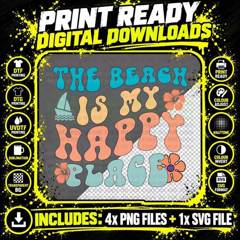 The Beach Is My Happy Place Summer T-Shirt Png SVG Digital Bundle