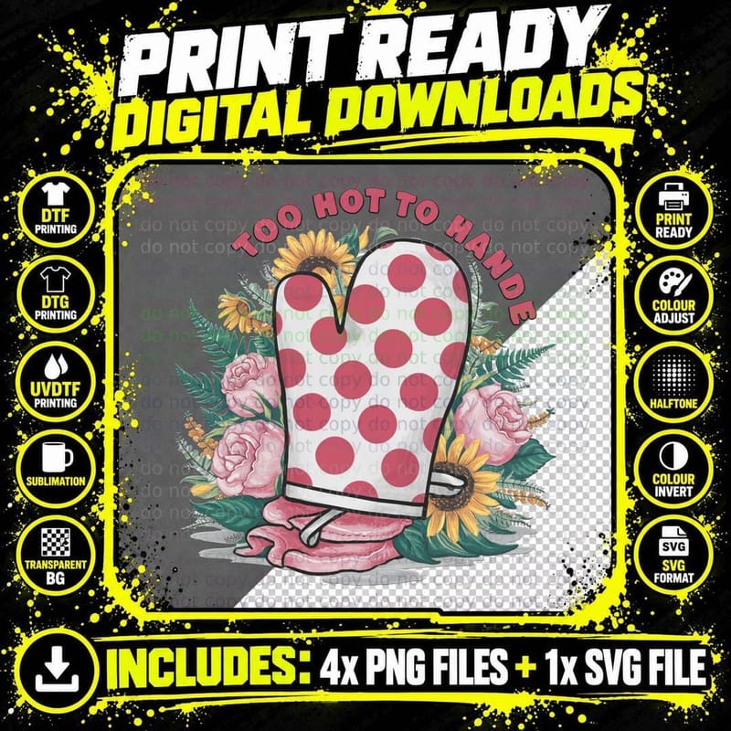 Too Hot to Handle Summer T-Shirt, Polka Dot Oven Mitt Png SVG Digital Bundle