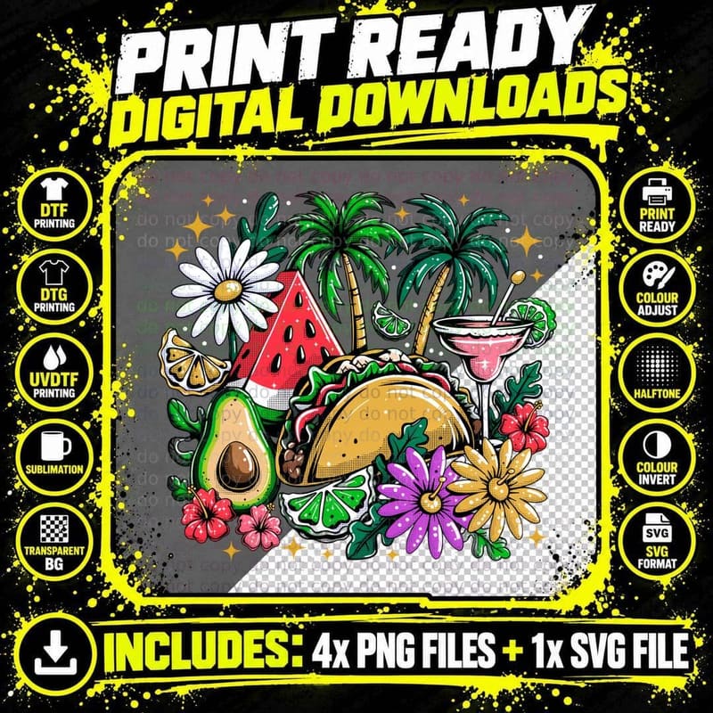 Tropical Food Drinks Palm Flowers Summer T-Shirt Png SVG Digital Bundle
