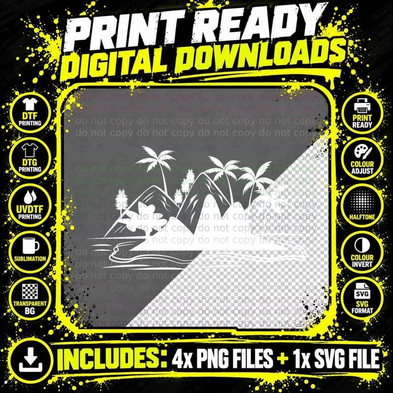 Tropical Island Silhouette T-Shirt, Trendy Graphic Tee Png SVG Digital Bundle