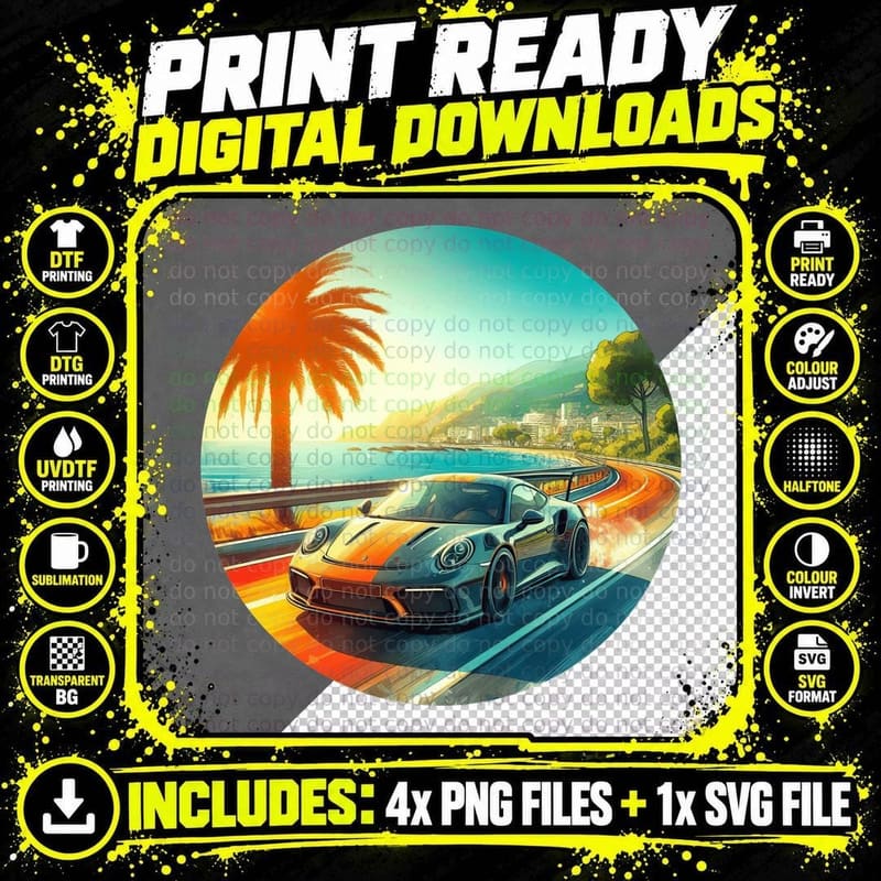Tropical Sports Car Orange Palm Trees Beach Landscape Png SVG Digital Bundle
