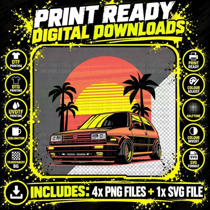 Tropical Sunset Car Orange Yellow Palm Trees Beach Png SVG Digital Bundle