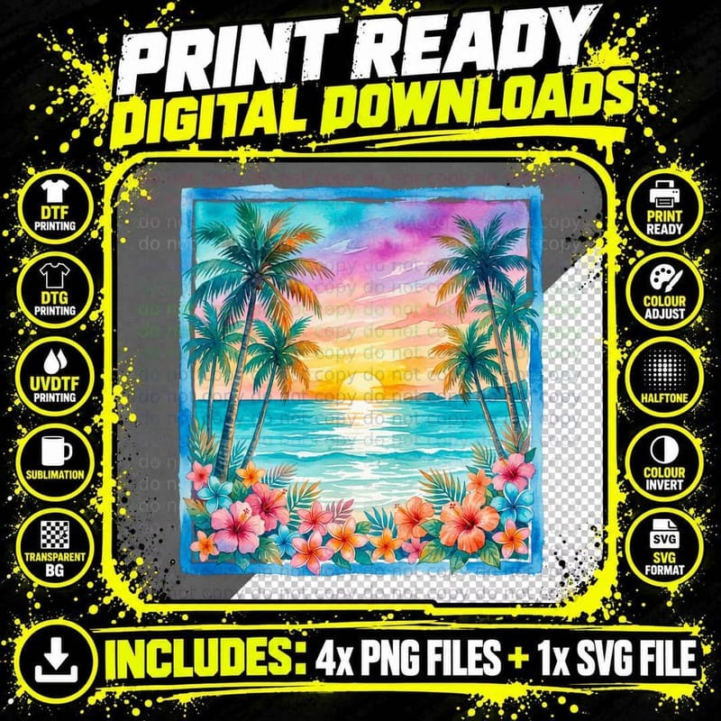 Tropical Sunset Palms Flowers Summer T-Shirt Png SVG Digital Bundle