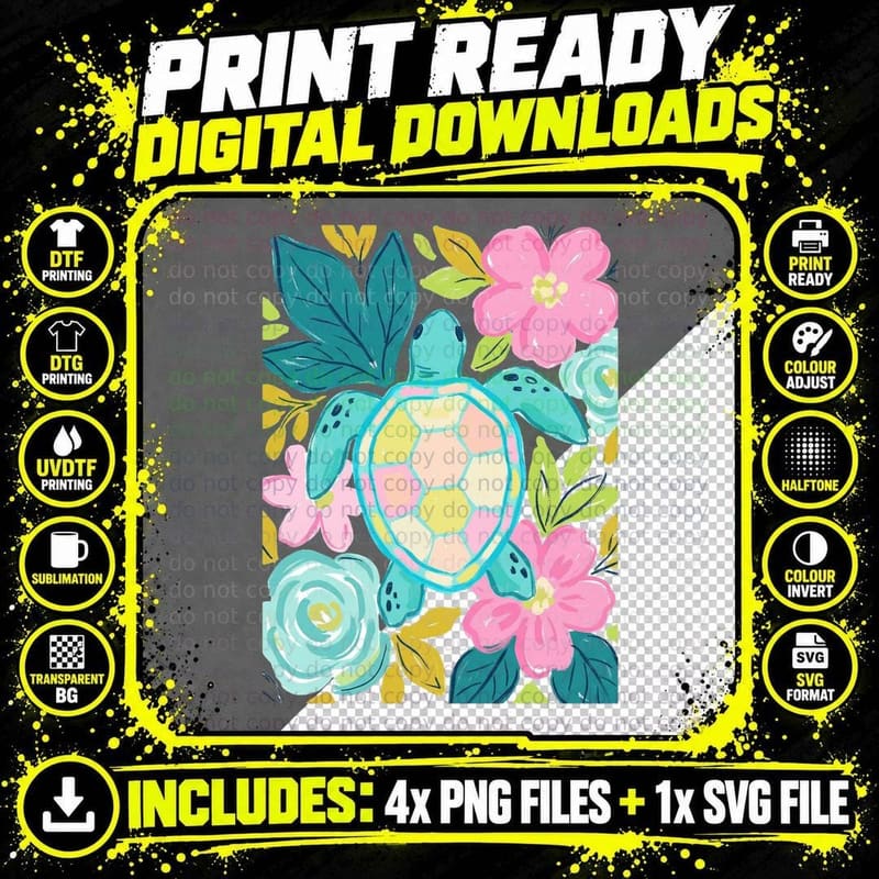 Turtle Flowers Pink Watercolor Summer T-Shirt Png SVG Digital Bundle