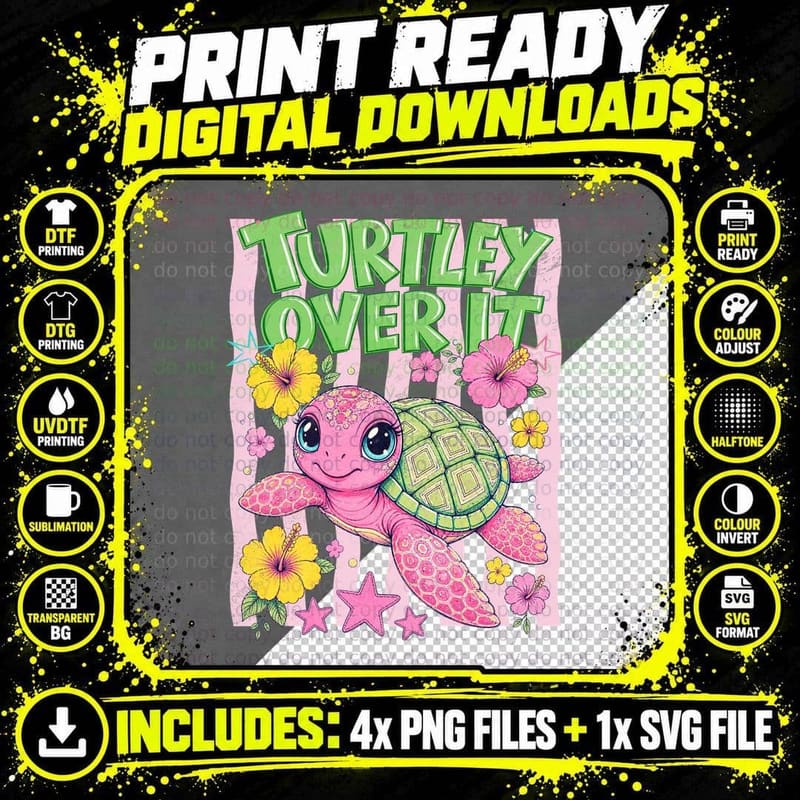 Turtley Over It Summer T-Shirt, Pink Sea Turtle Swimming Png SVG Digital Bundle