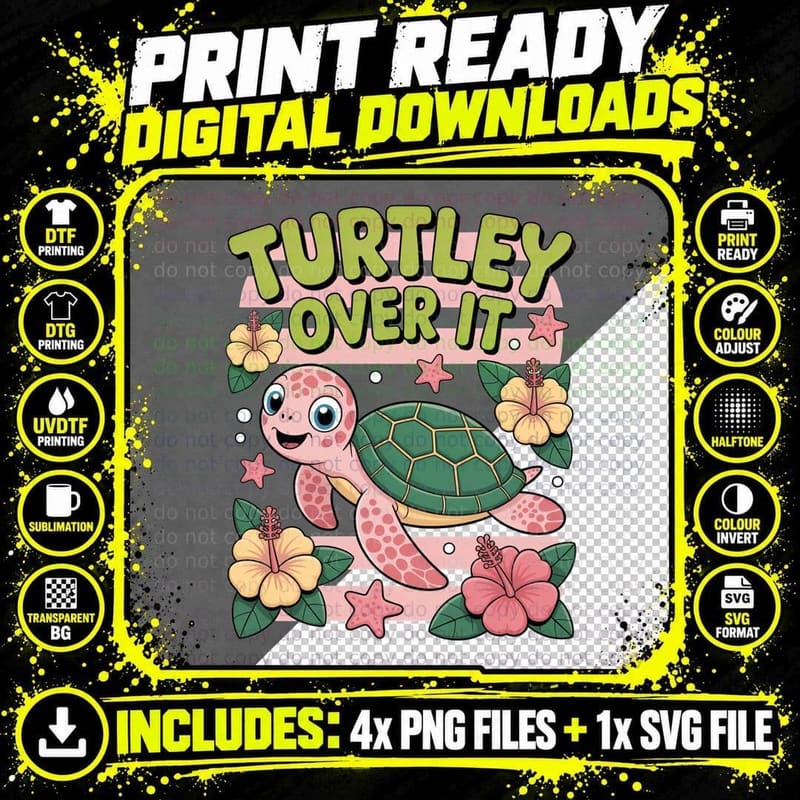Turtley Over It Summer T-Shirt, Pink Turtle Character Png SVG Digital Bundle