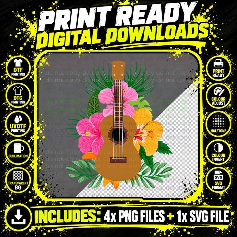 Ukulele Hawaiian Art for Men Women Tropical Ukulele Png SVG Digital Bundle