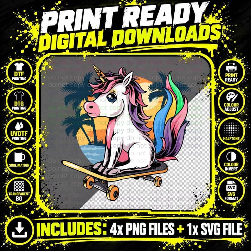 Unicorn Skateboard Rainbow on Tropical Beach Whimsical Png SVG Digital Bundle