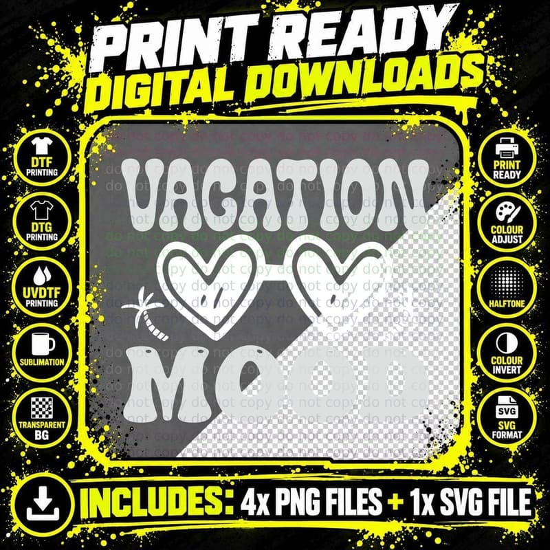 Vacation Mood Summer T-Shirt, Heart Sunglasses Outline Png SVG Digital Bundle
