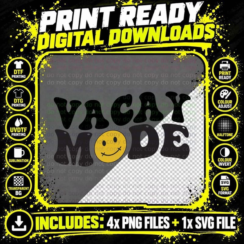 Vacay Mode Summer T-Shirt, Smiley Face Yellow Circle Png SVG Digital Bundle