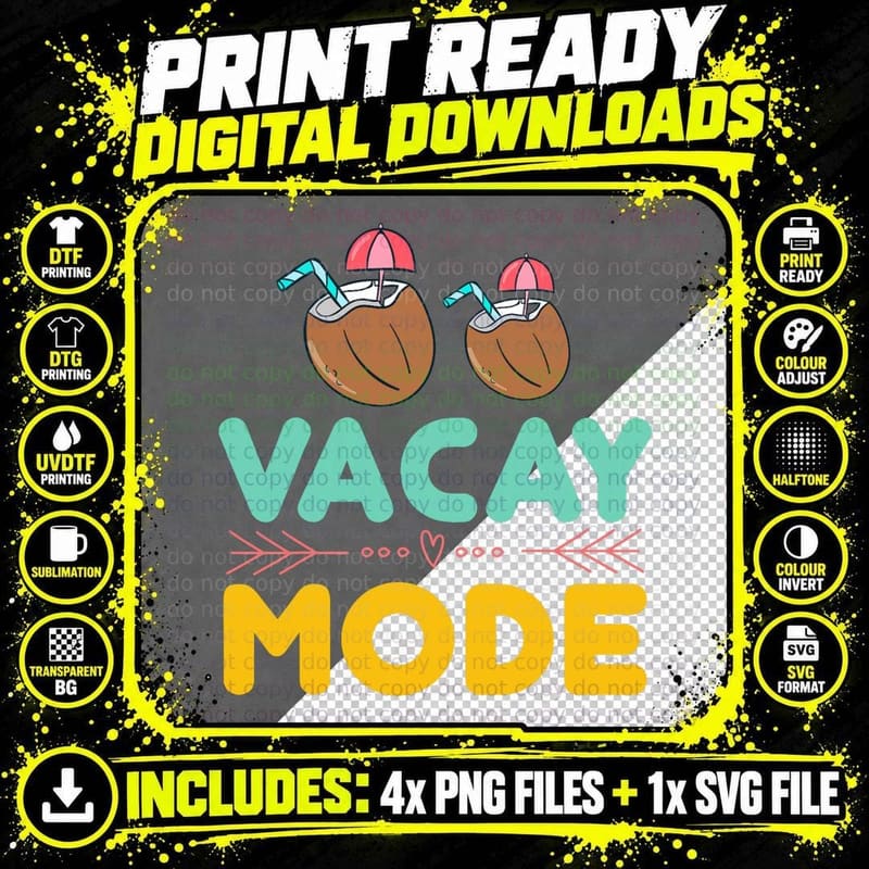 Vacay Mode Women Activate Summer Ice Drink Coconut Png SVG Digital Bundle