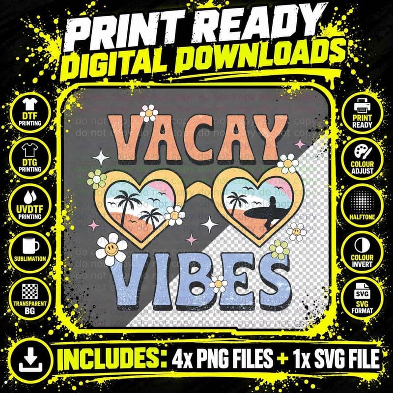 Vacay Vibes Summer T-Shirt, Heart Sunglasses Texture Png SVG Digital Bundle