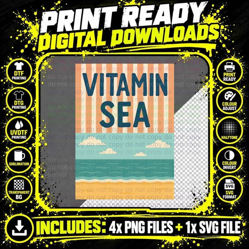 Vitamin Sea Summer T-Shirt, Striped Beach Scene Relaxing Png SVG Digital Bundle