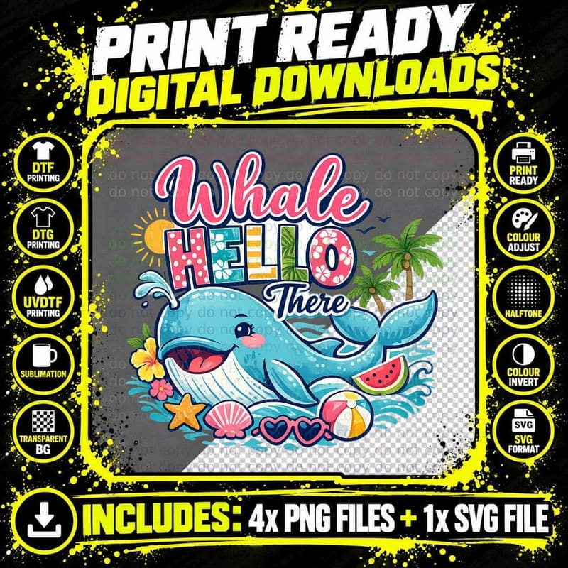 Whale Hello There Summer T-Shirt, Whale Ocean Tropical Png SVG Digital Bundle